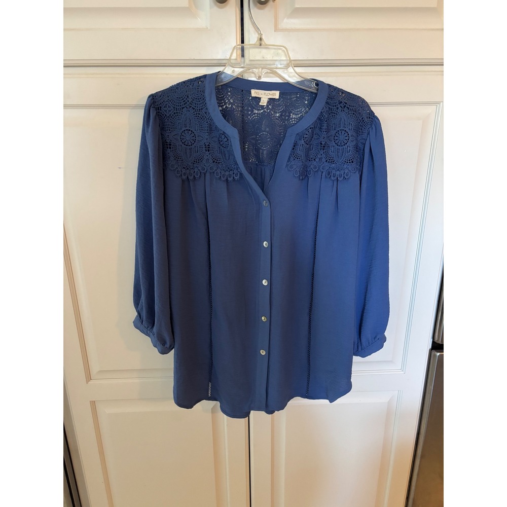 Fig + Flower Blue Lace Yoke Button Front Blouse TAY1L33 FF6118 Womens Large
